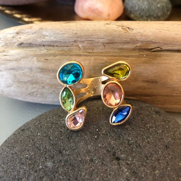 Gold Statement Ring with Multi-Color Crystal Gemstones – Adjustable Cocktail NWT - Picture 6 of 6